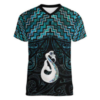New Zealand Maori Women V-Neck T-Shirt Poutama Manaia Turquoise Paua Shell