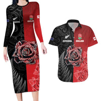 New Zealand And England Rugby Custom Couples Matching Long Sleeve Bodycon Dress and Hawaiian Shirt Red Rose Mix Maori Pattern LT05 Black - Polynesian Pride