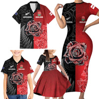 New Zealand And England Rugby Custom Family Matching Short Sleeve Bodycon Dress and Hawaiian Shirt Red Rose Mix Maori Pattern LT05 - Polynesian Pride