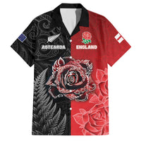 New Zealand And England Rugby Custom Family Matching Summer Maxi Dress and Hawaiian Shirt Red Rose Mix Maori Pattern LT05 Dad's Shirt - Short Sleeve Black - Polynesian Pride