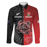 New Zealand And England Rugby Custom Family Matching Summer Maxi Dress and Hawaiian Shirt Red Rose Mix Maori Pattern LT05 Dad's Shirt - Long Sleeve Black - Polynesian Pride