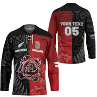 New Zealand And England Rugby Custom Hockey Jersey Red Rose Mix Maori Pattern - Polynesian Pride