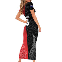 New Zealand And England Rugby Custom Short Sleeve Bodycon Dress Red Rose Mix Maori Pattern - Polynesian Pride