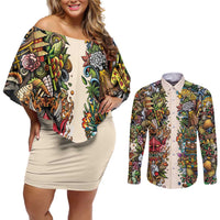 Hawaii And Japan Couples Matching Off Shoulder Short Dress and Long Sleeve Button Shirt Tiki With Oni Mask LT05 Colorful - Polynesian Pride