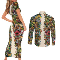 Hawaii And Japan Couples Matching Short Sleeve Bodycon Dress and Long Sleeve Button Shirt Tiki With Oni Mask - Polynesian Pride