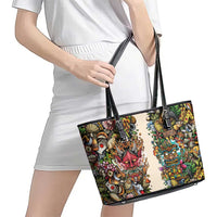 Hawaii And Japan Leather Tote Bag Tiki With Oni Mask - Polynesian Pride