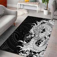 Hawaiian And Japanese Culture Area Rug Irezumi Dragon With Polynesian Pattern Black LT05 - Polynesian Pride