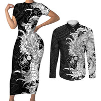 Hawaiian And Japanese Culture Couples Matching Short Sleeve Bodycon Dress and Long Sleeve Button Shirt Irezumi Dragon With Polynesian Pattern Black - Polynesian Pride