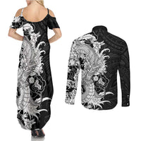 Hawaiian And Japanese Culture Couples Matching Summer Maxi Dress and Long Sleeve Button Shirt Irezumi Dragon With Polynesian Pattern Black - Polynesian Pride