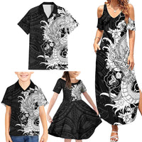 Hawaiian And Japanese Culture Family Matching Summer Maxi Dress and Hawaiian Shirt Irezumi Dragon With Polynesian Pattern Black LT05 - Polynesian Pride