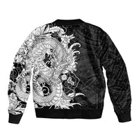 Hawaiian And Japanese Culture Sleeve Zip Bomber Jacket Irezumi Dragon With Polynesian Pattern Black LT05 - Polynesian Pride