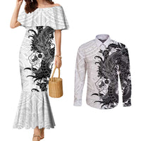 Hawaiian And Japanese Culture Couples Matching Mermaid Dress and Long Sleeve Button Shirt Irezumi Dragon With Polynesian Pattern White LT05 White - Polynesian Pride