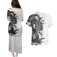 Hawaiian And Japanese Culture Couples Matching Puletasi and Hawaiian Shirt Irezumi Dragon With Polynesian Pattern White - Polynesian Pride