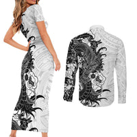 Hawaiian And Japanese Culture Couples Matching Short Sleeve Bodycon Dress and Long Sleeve Button Shirt Irezumi Dragon With Polynesian Pattern White - Polynesian Pride