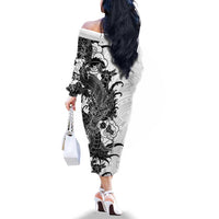 Hawaiian And Japanese Culture Family Matching Off The Shoulder Long Sleeve Dress and Hawaiian Shirt Irezumi Dragon With Polynesian Pattern White LT05 - Polynesian Pride