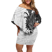 Hawaiian And Japanese Culture Family Matching Off Shoulder Short Dress and Hawaiian Shirt Irezumi Dragon With Polynesian Pattern White LT05 Mom's Dress White - Polynesian Pride