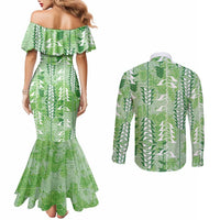 Green Hawaii Tapa Pattern Couples Matching Mermaid Dress and Long Sleeve Button Shirt With Heliconia Vintage Style