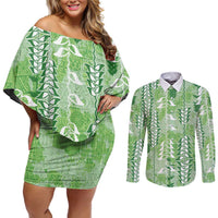 Green Hawaii Tapa Pattern Couples Matching Off Shoulder Short Dress and Long Sleeve Button Shirt With Heliconia Vintage Style