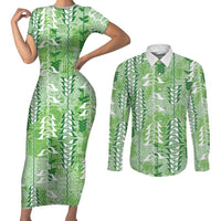 Green Hawaii Tapa Pattern Couples Matching Short Sleeve Bodycon Dress and Long Sleeve Button Shirt With Heliconia Vintage Style LT05 Green - Polynesian Pride