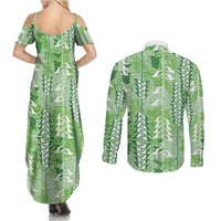 Green Hawaii Tapa Pattern Couples Matching Summer Maxi Dress and Long Sleeve Button Shirt With Heliconia Vintage Style