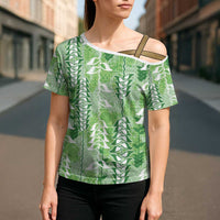 Green Hawaii Tapa Pattern Cross Shoulder Shirt With Heliconia Vintage Style