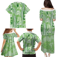 Green Hawaii Tapa Pattern Family Matching Puletasi and Hawaiian Shirt With Heliconia Vintage Style LT05 - Polynesian Pride