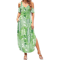 Green Hawaii Tapa Pattern Family Matching Summer Maxi Dress and Hawaiian Shirt With Heliconia Vintage Style