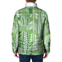 Green Hawaii Tapa Pattern Padded Jacket With Heliconia Vintage Style