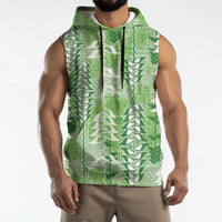 Green Hawaii Tapa Pattern Sleeveless Hoodie With Heliconia Vintage Style