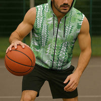 Green Hawaii Tapa Pattern Sleeveless Zip Hoodie With Heliconia Vintage Style