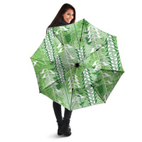 Green Hawaii Tapa Pattern Umbrella With Heliconia Vintage Style