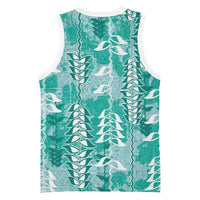 Teal Hawaii Tapa Pattern Basketball Jersey With Heliconia Vintage Style