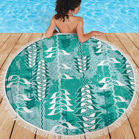 Teal Hawaii Tapa Pattern Beach Blanket With Heliconia Vintage Style