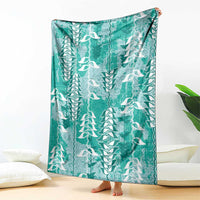 Teal Hawaii Tapa Pattern Blanket With Heliconia Vintage Style