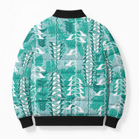 Teal Hawaii Tapa Pattern Bomber Puffer Jacket With Heliconia Vintage Style