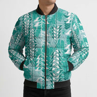 Teal Hawaii Tapa Pattern Bomber Puffer Jacket With Heliconia Vintage Style