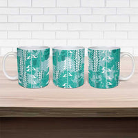 Teal Hawaii Tapa Pattern Ceramic Mug With Heliconia Vintage Style