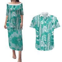 Teal Hawaii Tapa Pattern Couples Matching Puletasi and Hawaiian Shirt With Heliconia Vintage Style