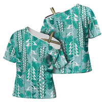 Teal Hawaii Tapa Pattern Cross Shoulder Shirt With Heliconia Vintage Style
