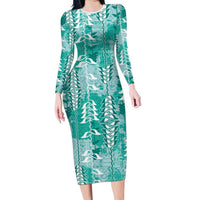 Teal Hawaii Tapa Pattern Family Matching Long Sleeve Bodycon Dress and Hawaiian Shirt With Heliconia Vintage Style LT05 Mom's Dress Teal - Polynesian Pride