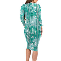Teal Hawaii Tapa Pattern Family Matching Long Sleeve Bodycon Dress and Hawaiian Shirt With Heliconia Vintage Style LT05 - Polynesian Pride
