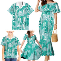 Teal Hawaii Tapa Pattern Family Matching Mermaid Dress and Hawaiian Shirt With Heliconia Vintage Style LT05 - Polynesian Pride