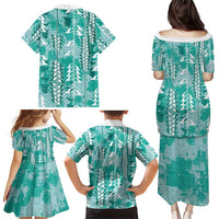 Teal Hawaii Tapa Pattern Family Matching Puletasi and Hawaiian Shirt With Heliconia Vintage Style