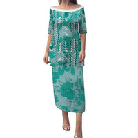 Teal Hawaii Tapa Pattern Family Matching Puletasi and Hawaiian Shirt With Heliconia Vintage Style