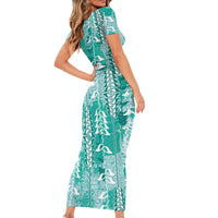 Teal Hawaii Tapa Pattern Family Matching Short Sleeve Bodycon Dress and Hawaiian Shirt With Heliconia Vintage Style LT05 - Polynesian Pride