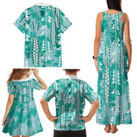 Teal Hawaii Tapa Pattern Family Matching Tank Maxi Dress and Hawaiian Shirt With Heliconia Vintage Style