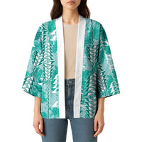 Teal Hawaii Tapa Pattern Kimono With Heliconia Vintage Style