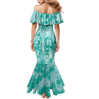 Teal Hawaii Tapa Pattern Mermaid Dress With Heliconia Vintage Style