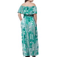 Teal Hawaii Tapa Pattern Off Shoulder Maxi Dress With Heliconia Vintage Style
