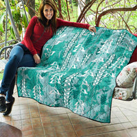 Teal Hawaii Tapa Pattern Quilt With Heliconia Vintage Style